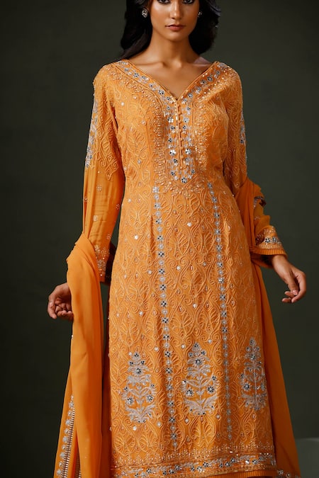 Two Sisters By Gyans Orange Georgette Sequins, Stones Zari Mirror Embroidered Kurta Sharara Set Online at Aza Fashions Two Sisters By Gyans_Orange Georgette Sequins, Stones Zari Mirror Embroidered Kurta Sharara Set _Online_at_Aza_Fashions
