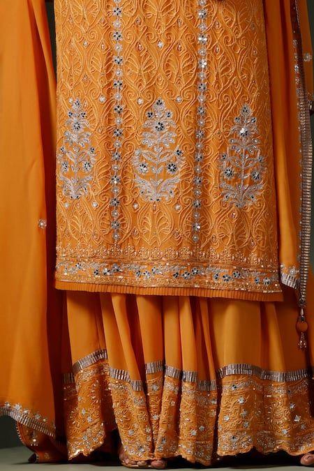 Buy Two Sisters By Gyans Orange Georgette Sequins, Stones Zari Mirror Embroidered Kurta Sharara Set Online at Aza Fashions Buy_Two Sisters By Gyans_Orange Georgette Sequins, Stones Zari Mirror Embroidered Kurta Sharara Set _Online_at_Aza_Fashions