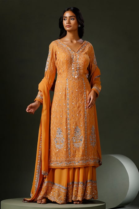 Shop Two Sisters By Gyans Orange Georgette Sequins, Stones Zari Mirror Embroidered Kurta Sharara Set Online at Aza Fashions Shop_Two Sisters By Gyans_Orange Georgette Sequins, Stones Zari Mirror Embroidered Kurta Sharara Set _Online_at_Aza_Fashions