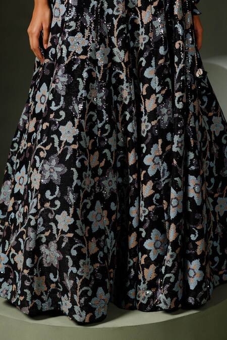 Two Sisters By Gyans_Black Georgette Sequins, Beads Bagh-e-bahar Embroidered Jacket Lehenga Set_Online_at_Aza_Fashions