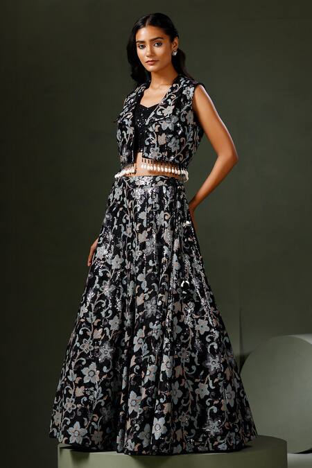 Two Sisters By Gyans_Black Georgette Sequins, Beads Bagh-e-bahar Embroidered Jacket Lehenga Set_at_Aza_Fashions