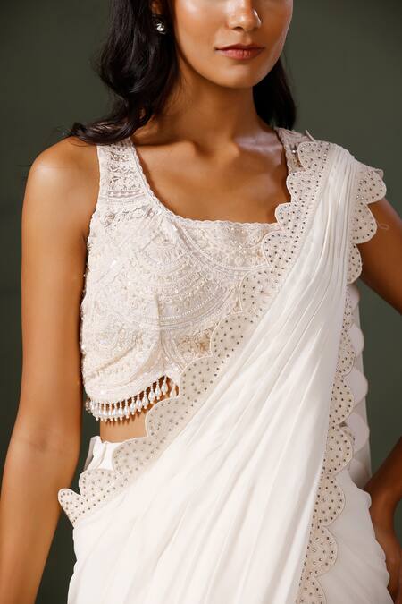 Two Sisters By Gyans White Net, Georgette Diamonds, Chandani Scallop Border Gharara Saree With Blouse Online at Aza Fashions Two Sisters By Gyans_White Net, Georgette Diamonds, Chandani Scallop Border Gharara Saree With Blouse _Online_at_Aza_Fashions