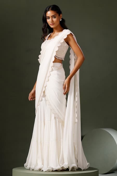 Two Sisters By Gyans White Net, Georgette Diamonds, Chandani Scallop Border Gharara Saree With Blouse at Aza Fashions Two Sisters By Gyans_White Net, Georgette Diamonds, Chandani Scallop Border Gharara Saree With Blouse _at_Aza_Fashions