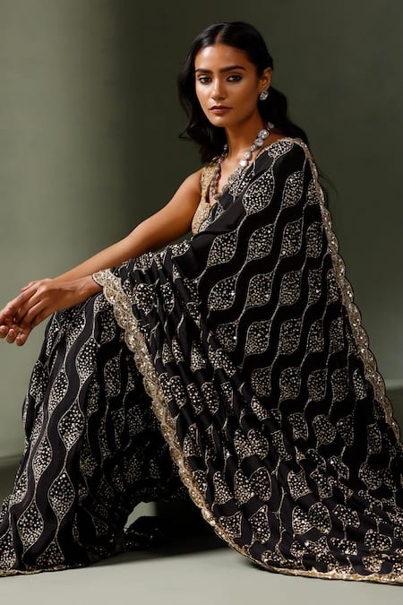 Shop Two Sisters By Gyans Black Chiffon Sequins Wave Embellished Saree With Unstitched Blouse Piece Online at Aza Fashions Shop_Two Sisters By Gyans_Black Chiffon Sequins Wave Embellished Saree With Unstitched Blouse Piece _Online_at_Aza_Fashions