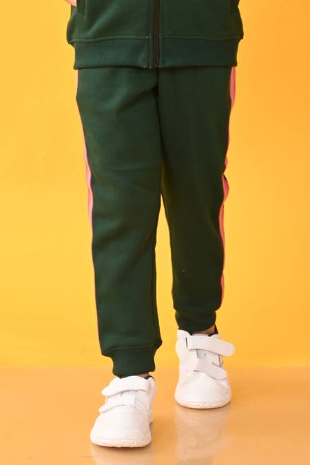 Buy_Anthrilo_Green Cotton, Fleece Glitter Tape Zipper Hoodie And Joggers Set _Online_at_Aza_Fashions