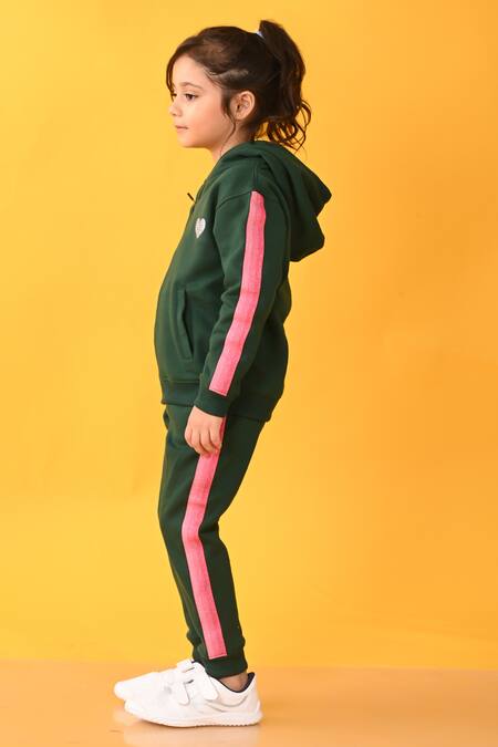 Shop_Anthrilo_Green Cotton, Fleece Glitter Tape Zipper Hoodie And Joggers Set _Online_at_Aza_Fashions