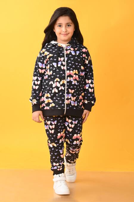 Anthrilo_Black Cotton, Fleece Butterfly Print Hoodie And Joggers Set_Online_at_Aza_Fashions