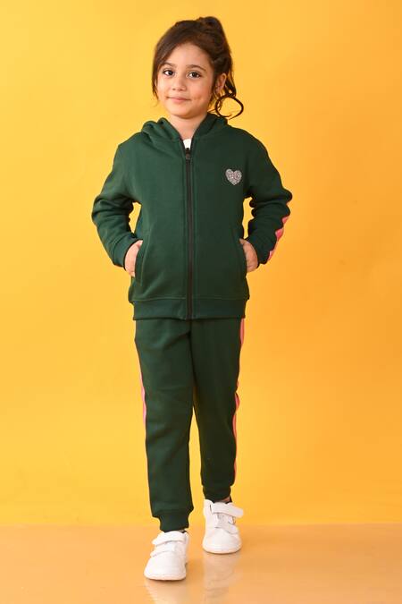 Anthrilo_Green Cotton, Fleece Embroidery Heart Placement Print Hoodie And Joggers Set _Online_at_Aza_Fashions