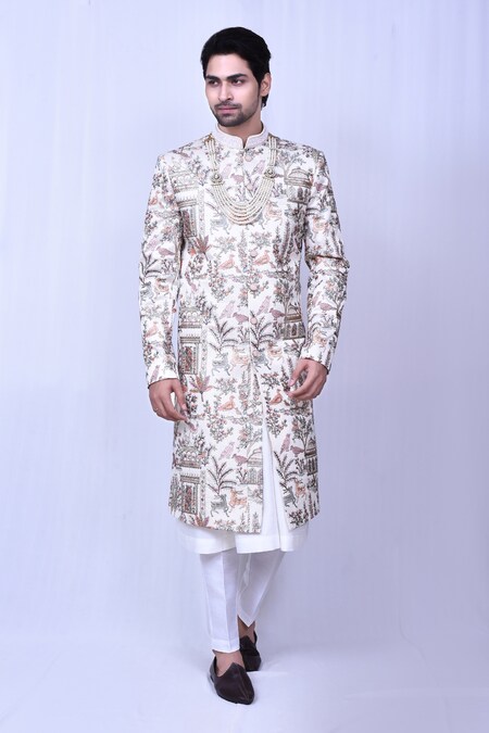 Aryavir Malhotra Cream Art Silk Embroidered Botanic Sherwani With Kurta Set