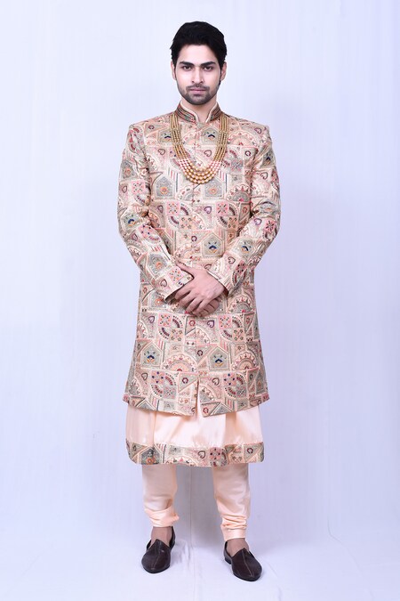 Aryavir Malhotra Peach Banglori Silk Embroidered Floral Sherwani With Kurta Set