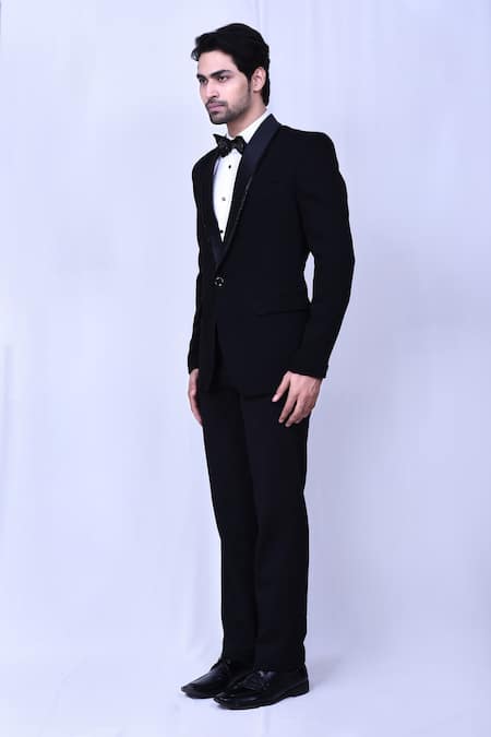 Shop Arihant Rai Sinha Black Satin, Lycra, Terrycloth, Rayon, Cotton Cut Work Embellished Coat Pant Set Online at Aza Fashions Shop_Arihant Rai Sinha_Black Satin, Lycra, Terrycloth, Rayon, Cotton Cut Work Embellished Coat Pant Set _Online_at_Aza_Fashions