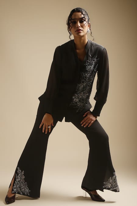 Sakshi Khetterpal_Black Georgette, Linen Placement Embroidered Shirt And Bell Bottom Pant Set _Online_at_Aza_Fashions