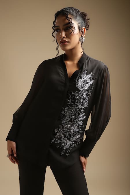 Buy_Sakshi Khetterpal_Black Georgette, Linen Placement Embroidered Shirt And Bell Bottom Pant Set _Online_at_Aza_Fashions