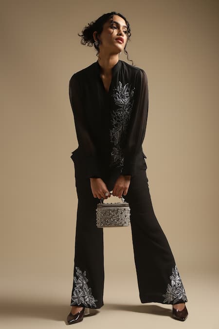 Shop_Sakshi Khetterpal_Black Georgette, Linen Placement Embroidered Shirt And Bell Bottom Pant Set _Online_at_Aza_Fashions