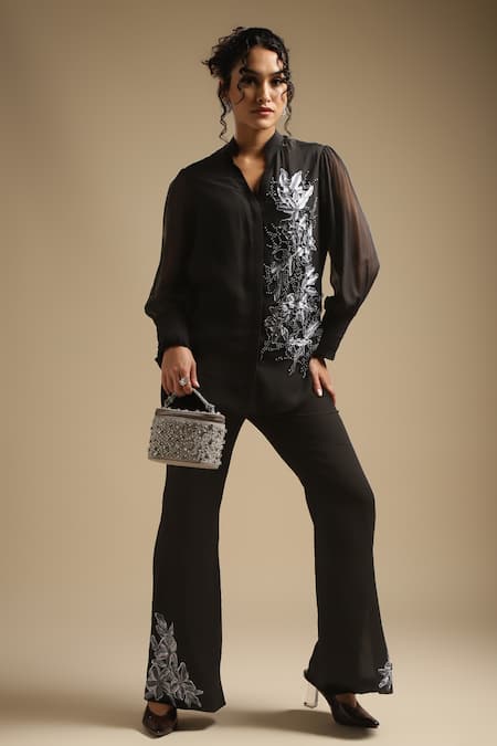 Sakshi Khetterpal_Black Georgette, Linen Placement Embroidered Shirt And Bell Bottom Pant Set _at_Aza_Fashions
