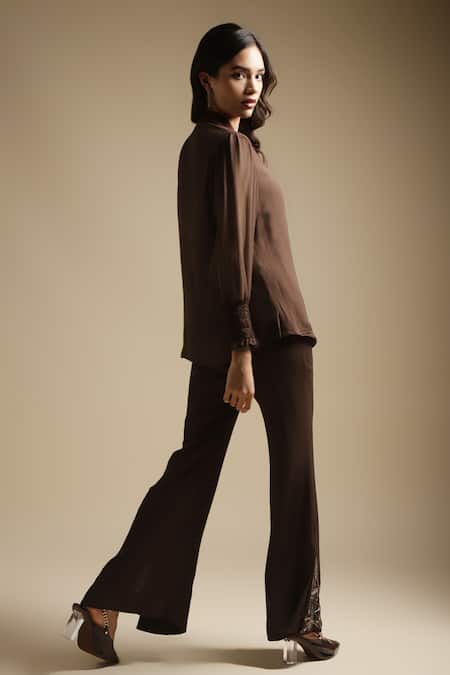 Sakshi Khetterpal Floral Placement Embroidered Shirt & Bell Bottom Pant Set 