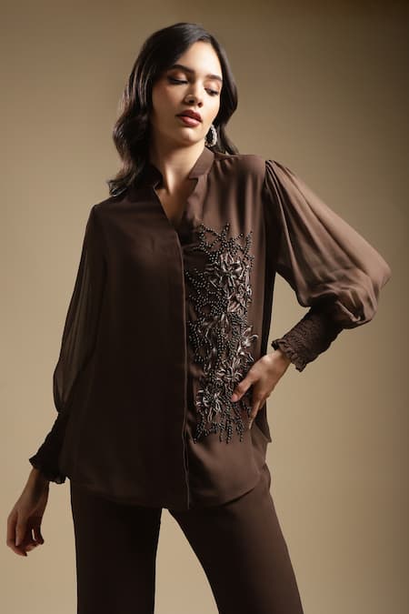 Sakshi Khetterpal Brown Georgette, Linen Floral Placement Embroidered Shirt And Bell Bottom Pant Set Online at Aza Fashions Sakshi Khetterpal_Brown Georgette, Linen Floral Placement Embroidered Shirt And Bell Bottom Pant Set _Online_at_Aza_Fashions