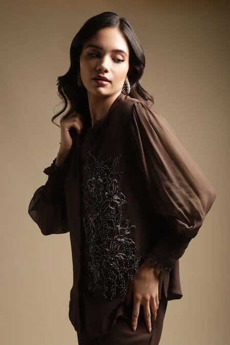Buy Sakshi Khetterpal Brown Georgette, Linen Floral Placement Embroidered Shirt And Bell Bottom Pant Set Online at Aza Fashions Buy_Sakshi Khetterpal_Brown Georgette, Linen Floral Placement Embroidered Shirt And Bell Bottom Pant Set _Online_at_Aza_Fashions