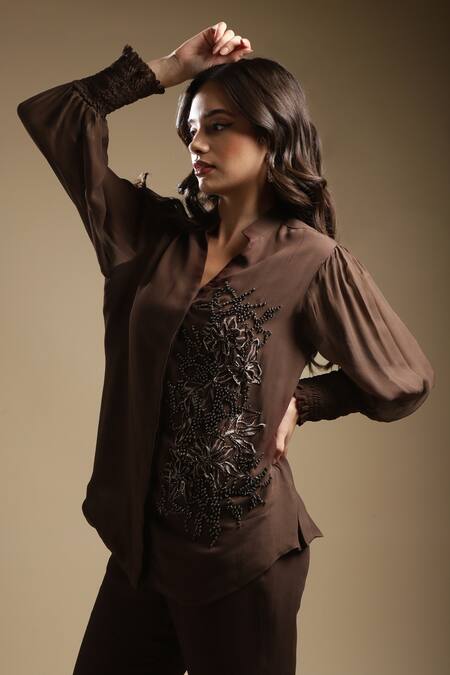 Shop Sakshi Khetterpal Brown Georgette, Linen Floral Placement Embroidered Shirt And Bell Bottom Pant Set Online at Aza Fashions Shop_Sakshi Khetterpal_Brown Georgette, Linen Floral Placement Embroidered Shirt And Bell Bottom Pant Set _Online_at_Aza_Fashions
