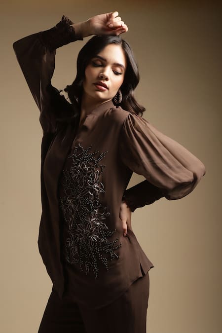 Sakshi Khetterpal Brown Georgette, Linen Floral Placement Embroidered Shirt And Bell Bottom Pant Set at Aza Fashions Sakshi Khetterpal_Brown Georgette, Linen Floral Placement Embroidered Shirt And Bell Bottom Pant Set _at_Aza_Fashions