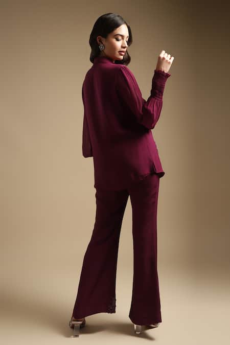 Shop Sakshi Khetterpal Wine Georgette, Linen Cut Work, Floral Embroidered Shirt And Bell Bottom Pant Set at Aza Fashions Shop_Sakshi Khetterpal_Wine Georgette, Linen Cut Work, Floral Embroidered Shirt And Bell Bottom Pant Set _at_Aza_Fashions