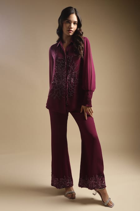 Sakshi Khetterpal_Wine Georgette, Linen Cut Work, Floral Embroidered Shirt And Bell Bottom Pant Set _Online_at_Aza_Fashions