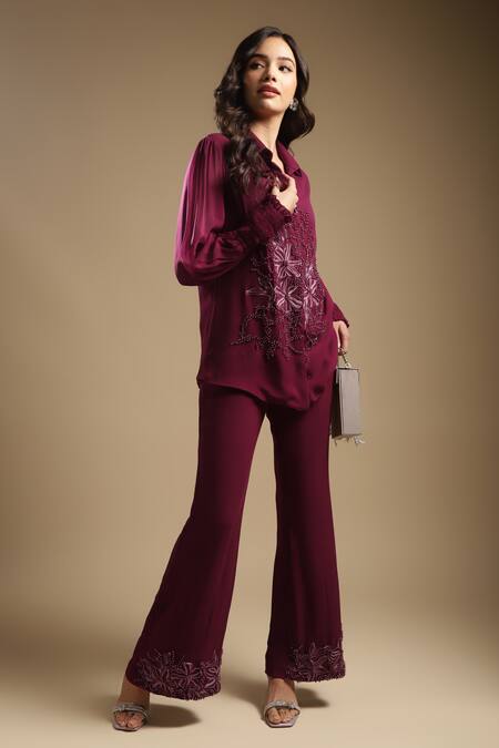 Buy Sakshi Khetterpal Wine Georgette, Linen Cut Work, Floral Embroidered Shirt And Bell Bottom Pant Set Online at Aza Fashions Buy_Sakshi Khetterpal_Wine Georgette, Linen Cut Work, Floral Embroidered Shirt And Bell Bottom Pant Set _Online_at_Aza_Fashions