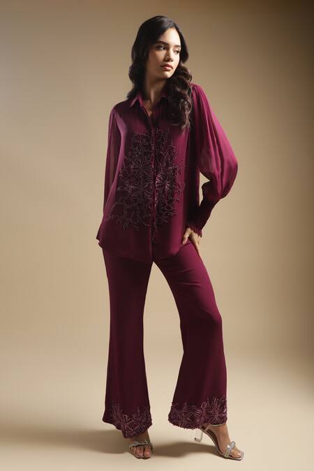 Shop Sakshi Khetterpal Wine Georgette, Linen Cut Work, Floral Embroidered Shirt And Bell Bottom Pant Set Online at Aza Fashions Shop_Sakshi Khetterpal_Wine Georgette, Linen Cut Work, Floral Embroidered Shirt And Bell Bottom Pant Set _Online_at_Aza_Fashions