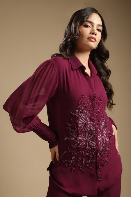 Sakshi Khetterpal Wine Georgette, Linen Cut Work, Floral Embroidered Shirt And Bell Bottom Pant Set at Aza Fashions Sakshi Khetterpal_Wine Georgette, Linen Cut Work, Floral Embroidered Shirt And Bell Bottom Pant Set _at_Aza_Fashions