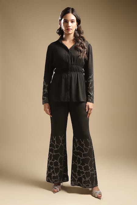 Sakshi Khetterpal Black Georgette Embroidery Sequin Spread Sleeve Shirt And Bell Bottom Pant Set 