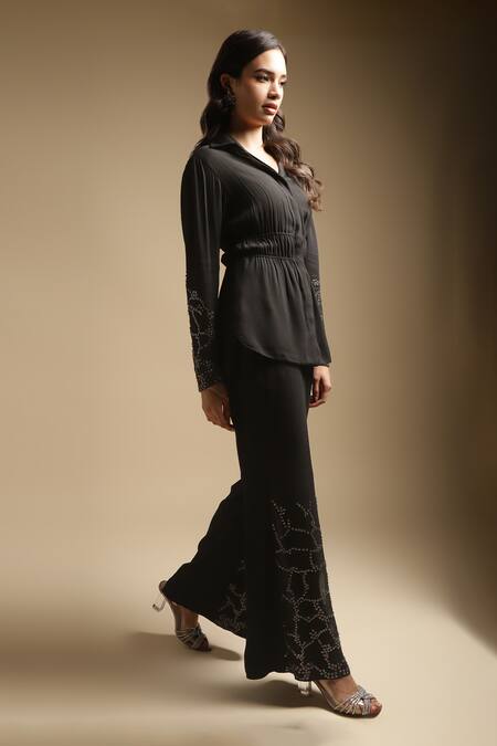 Sakshi Khetterpal_Black Georgette, Linen Sequins, Sleeve Embroidered Shirt And Bell Bottom Pant Set _Online_at_Aza_Fashions