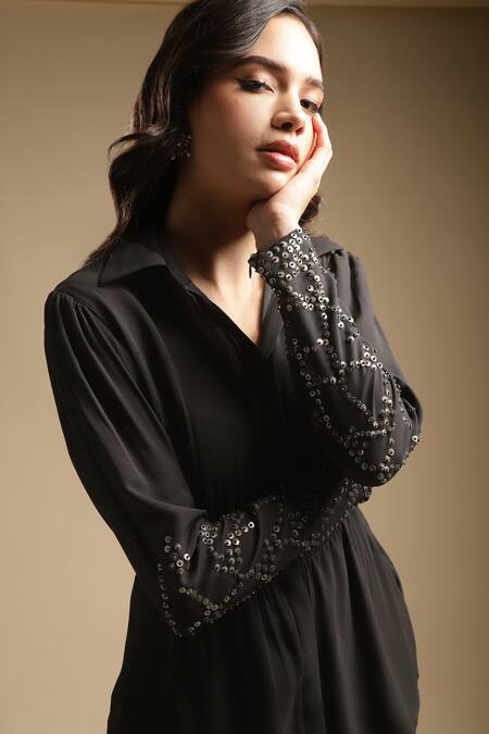 Shop_Sakshi Khetterpal_Black Georgette, Linen Sequins, Sleeve Embroidered Shirt And Bell Bottom Pant Set _Online_at_Aza_Fashions
