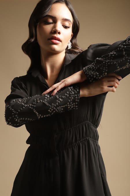 Sakshi Khetterpal_Black Georgette, Linen Sequins, Sleeve Embroidered Shirt And Bell Bottom Pant Set _at_Aza_Fashions