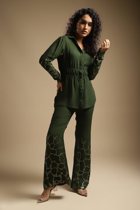 Sakshi Khetterpal Green Georgette Embroidery Sequin Full Sleeve Shirt And Bell Bottom Pant Set 