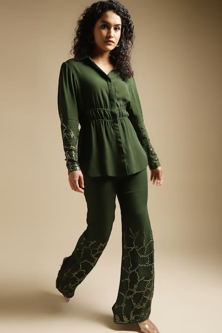 Shop Sakshi Khetterpal Green Georgette, Linen Full Sleeve Embroidered Shirt And Bell Bottom Pant Set at Aza Fashions Shop_Sakshi Khetterpal_Green Georgette, Linen Full Sleeve Embroidered Shirt And Bell Bottom Pant Set _at_Aza_Fashions