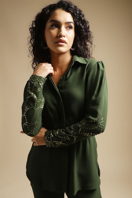 Buy Sakshi Khetterpal Green Georgette, Linen Full Sleeve Embroidered Shirt And Bell Bottom Pant Set Online at Aza Fashions Buy_Sakshi Khetterpal_Green Georgette, Linen Full Sleeve Embroidered Shirt And Bell Bottom Pant Set _Online_at_Aza_Fashions