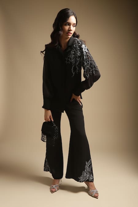 Sakshi Khetterpal Shoulder Embroidered Shirt & Bell Bottom Pant Set 