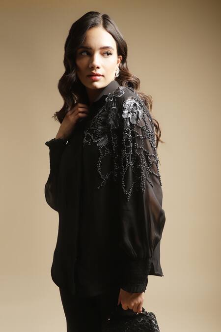 Buy_Sakshi Khetterpal_Black Georgette, Linen Cut Work, Shoulder Shirt And Bell Bottom Pant Set _Online_at_Aza_Fashions