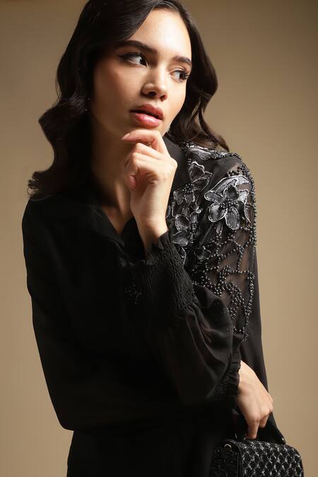 Shop_Sakshi Khetterpal_Black Georgette, Linen Cut Work, Shoulder Shirt And Bell Bottom Pant Set _Online_at_Aza_Fashions