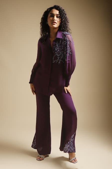 Sakshi Khetterpal Shoulder Placement Embroidered Shirt & Bell Bottom Pant Set 