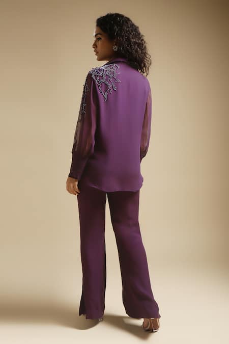 Shop Sakshi Khetterpal Purple Georgette, Linen Cut Shoulder Placement Shirt And Bell Bottom Pant Set at Aza Fashions Shop_Sakshi Khetterpal_Purple Georgette, Linen Cut Shoulder Placement Shirt And Bell Bottom Pant Set _at_Aza_Fashions