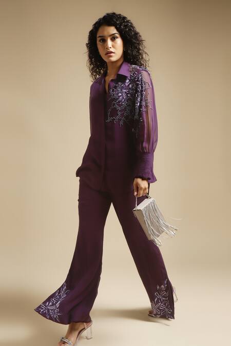 Sakshi Khetterpal Purple Georgette, Linen Cut Shoulder Placement Shirt And Bell Bottom Pant Set Online at Aza Fashions Sakshi Khetterpal_Purple Georgette, Linen Cut Shoulder Placement Shirt And Bell Bottom Pant Set _Online_at_Aza_Fashions