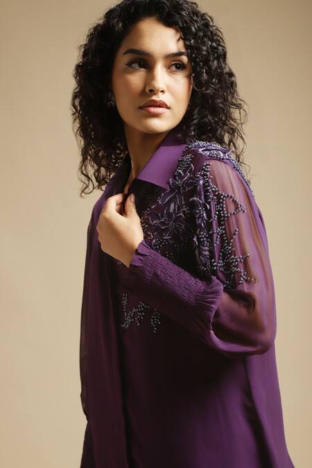 Buy Sakshi Khetterpal Purple Georgette, Linen Cut Shoulder Placement Shirt And Bell Bottom Pant Set Online at Aza Fashions Buy_Sakshi Khetterpal_Purple Georgette, Linen Cut Shoulder Placement Shirt And Bell Bottom Pant Set _Online_at_Aza_Fashions