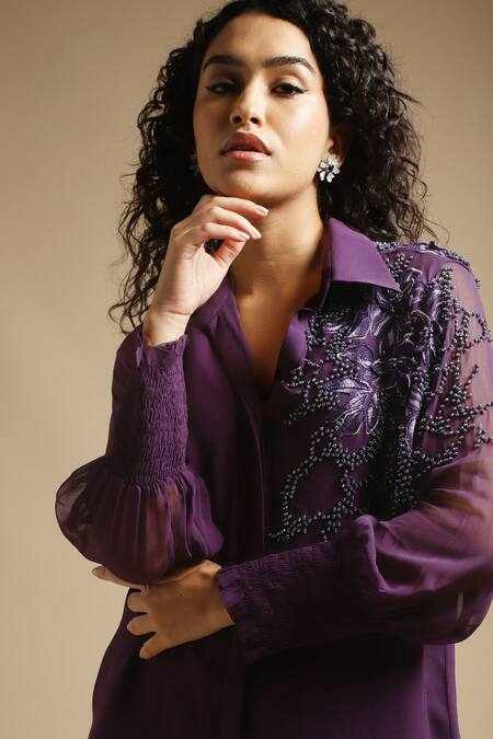 Shop Sakshi Khetterpal Purple Georgette, Linen Cut Shoulder Placement Shirt And Bell Bottom Pant Set Online at Aza Fashions Shop_Sakshi Khetterpal_Purple Georgette, Linen Cut Shoulder Placement Shirt And Bell Bottom Pant Set _Online_at_Aza_Fashions