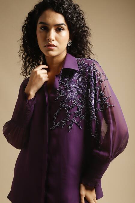 Sakshi Khetterpal Purple Georgette, Linen Cut Shoulder Placement Shirt And Bell Bottom Pant Set at Aza Fashions Sakshi Khetterpal_Purple Georgette, Linen Cut Shoulder Placement Shirt And Bell Bottom Pant Set _at_Aza_Fashions