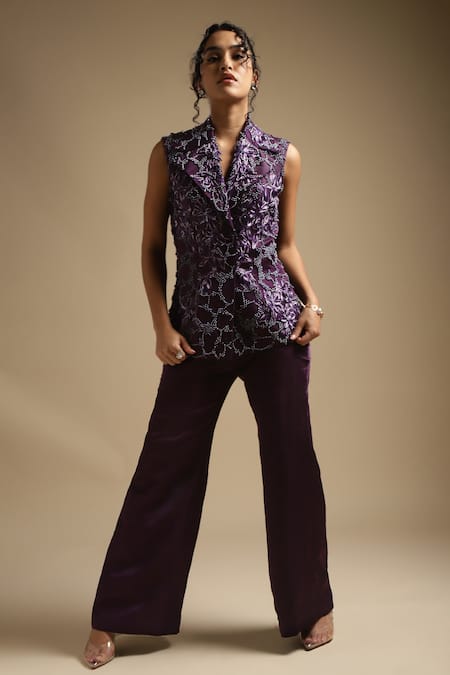 Sakshi Khetterpal Purple Blazer Satin Linen Embroidery Sequin Sleeveless And Bell Bottom Pant Set