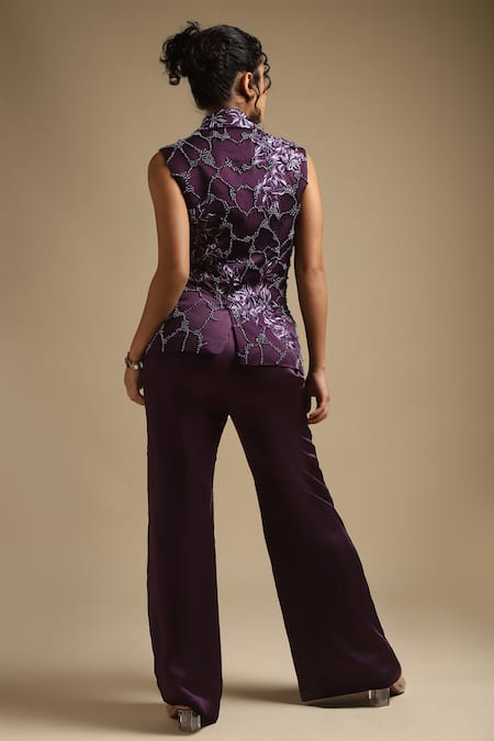 Shop Sakshi Khetterpal Purple Blazer Satin Linen Embroidery Sequin Sleeveless And Bell Bottom Pant Set at Aza Fashions Shop_Sakshi Khetterpal_Purple Blazer Satin Linen Embroidery Sequin Sleeveless And Bell Bottom Pant Set _at_Aza_Fashions