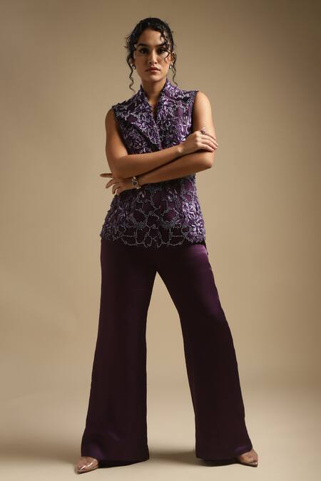 Sakshi Khetterpal Purple Blazer Satin Linen Embroidery Sequin Sleeveless And Bell Bottom Pant Set Online at Aza Fashions Sakshi Khetterpal_Purple Blazer Satin Linen Embroidery Sequin Sleeveless And Bell Bottom Pant Set _Online_at_Aza_Fashions