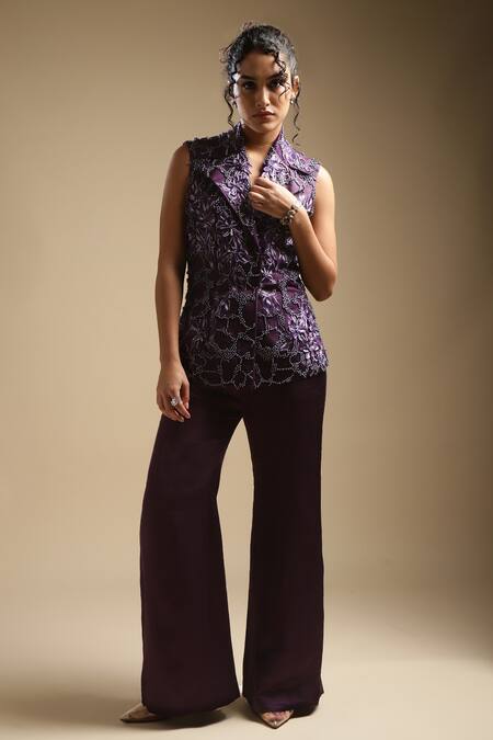 Shop Sakshi Khetterpal Purple Blazer Satin Linen Embroidery Sequin Sleeveless And Bell Bottom Pant Set Online at Aza Fashions Shop_Sakshi Khetterpal_Purple Blazer Satin Linen Embroidery Sequin Sleeveless And Bell Bottom Pant Set _Online_at_Aza_Fashions