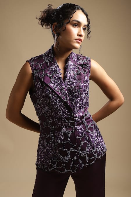 Sakshi Khetterpal Purple Blazer Satin Linen Embroidery Sequin Sleeveless And Bell Bottom Pant Set at Aza Fashions Sakshi Khetterpal_Purple Blazer Satin Linen Embroidery Sequin Sleeveless And Bell Bottom Pant Set _at_Aza_Fashions